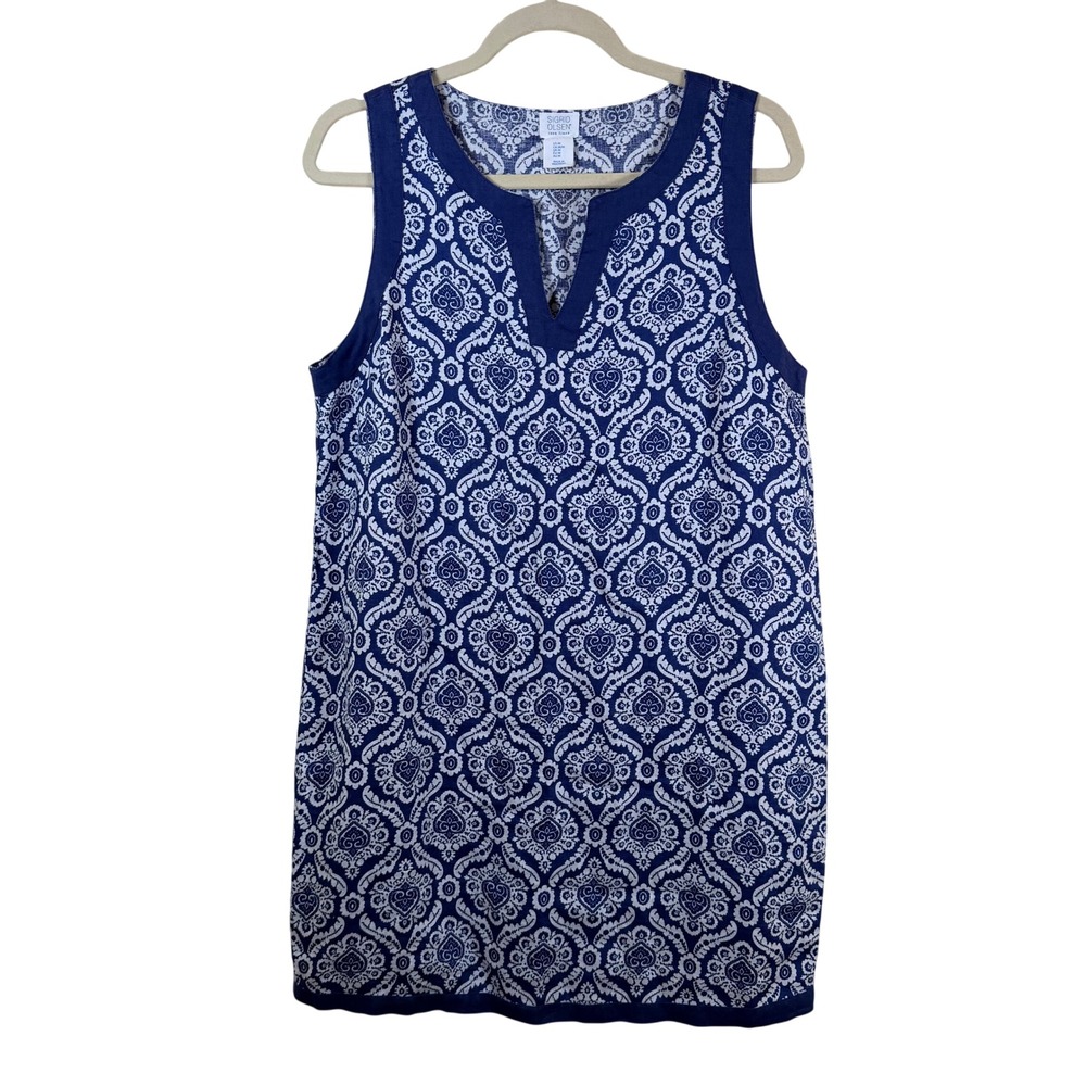 Sigrid Olsen Linen Dress Womens M Blue White Damask Medallion Sleeveless Shift